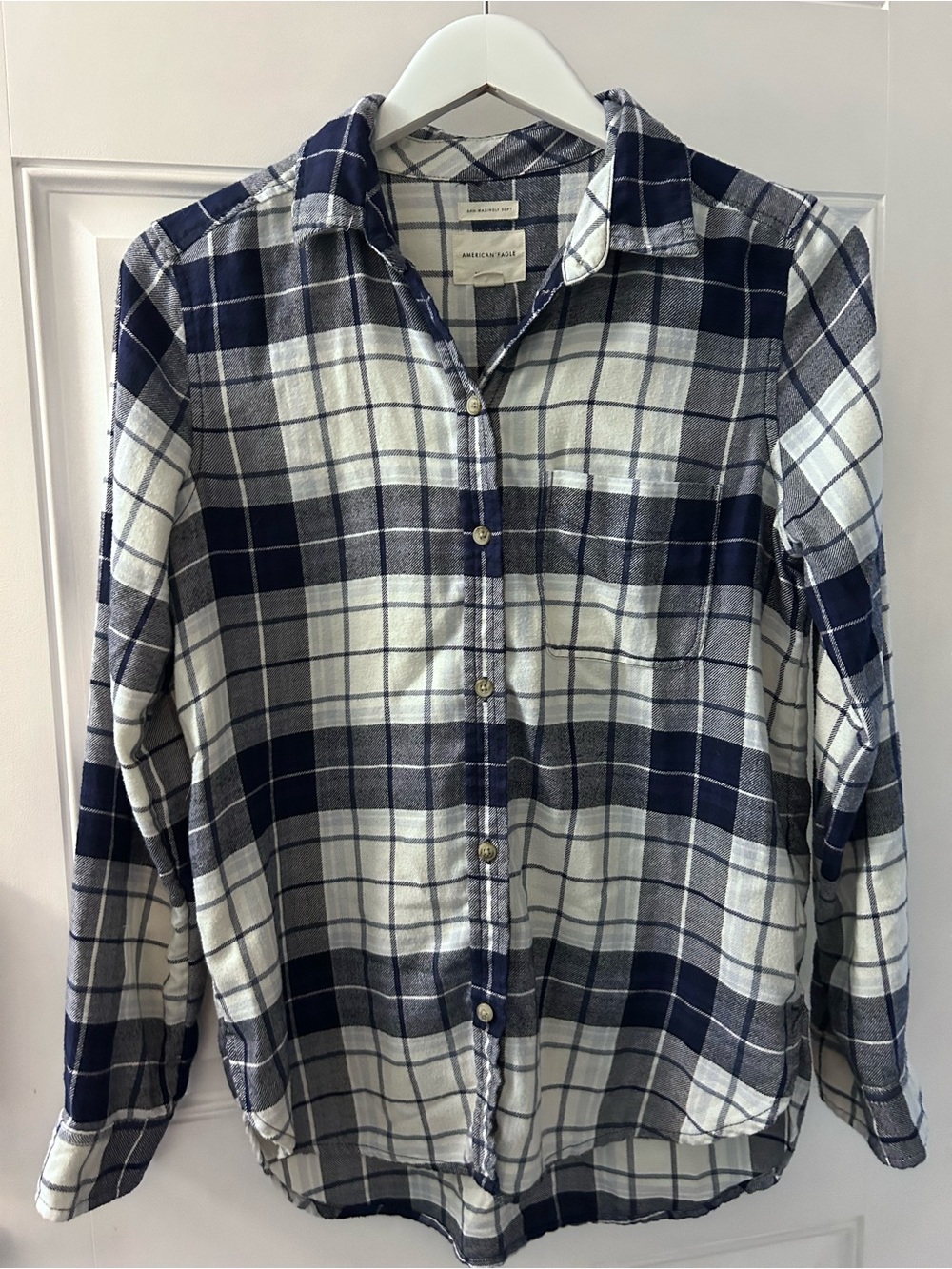 American Eagle Outfitters Navy and White Plaid Button-Down Shirt